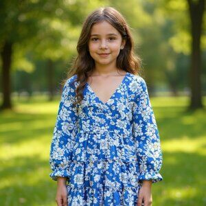 Poppies and Roses Girls Blue Floral Dress | Size 8 | Long Sleeve Tiered